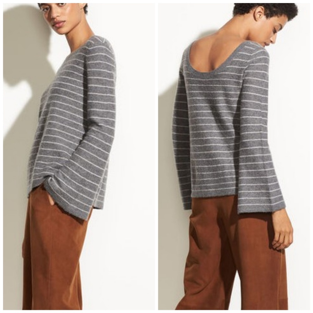Vince Striped Cashmere Gray Sweater Bell Sleeve - Picture 2 of 8